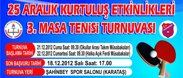 �ahinbey Belediyesi, 25 Aral�k 3. Masa Tenisi Turnuvas� D�zenliyor